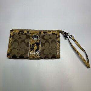 Coach Signature Canvas Wristlet with a Snakeskin Print Trim